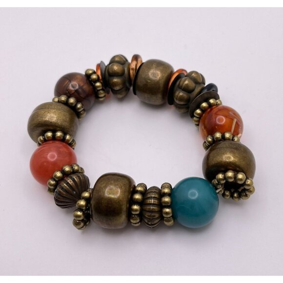 Chunky Beaded Bracelet Faux Stone Earth Tones Stretch Retro Boho Hippy - Picture 4 of 8